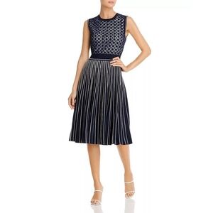 Tory Burch Pleated Sweater Dress Blue Lace Knit Midi Preppy Coastal Chic M